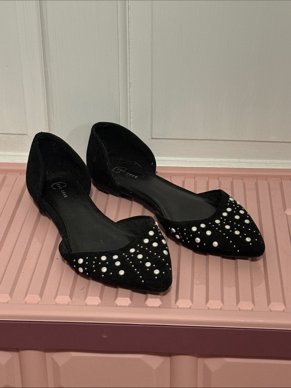 Black Pearl-Embellished Pointed D'Orsay Flats